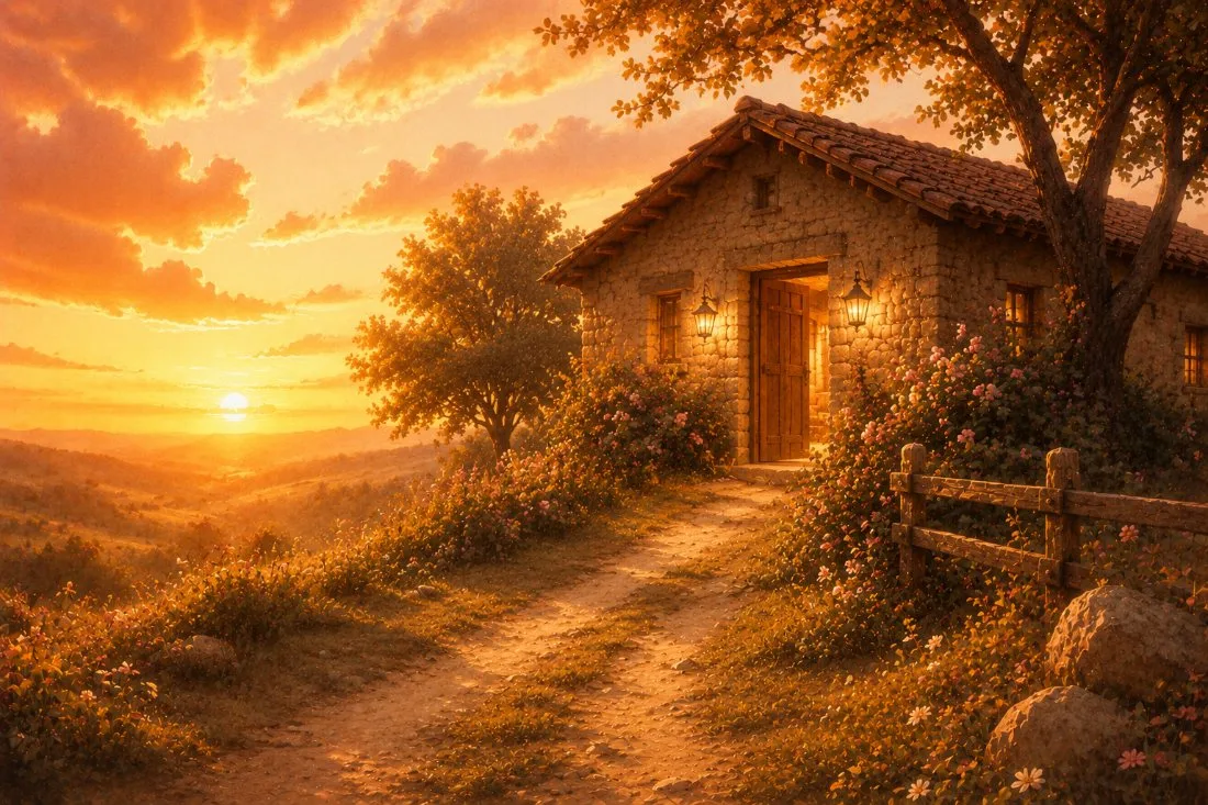 A casa do Pai ao entardecer, de portas abertas